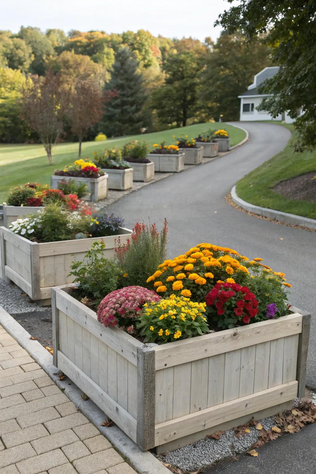 Elevated planters add layers and seasonal color.