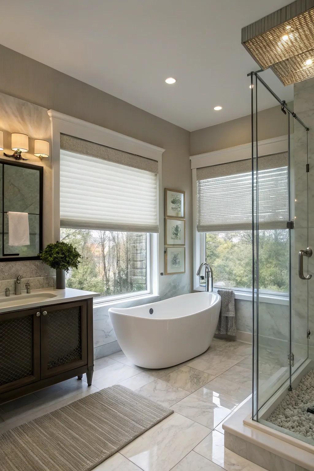 Modern bathing area featuring up and down shades.