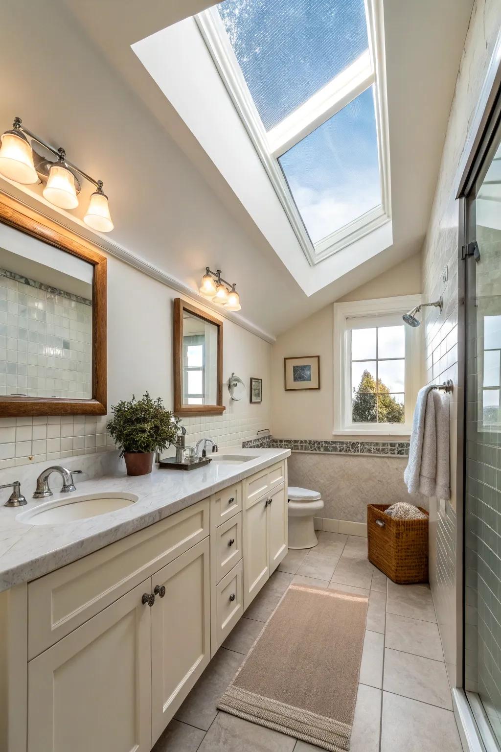 A skylight brightens a guest bathroom with natural sunlight, boosting its sense of openness.