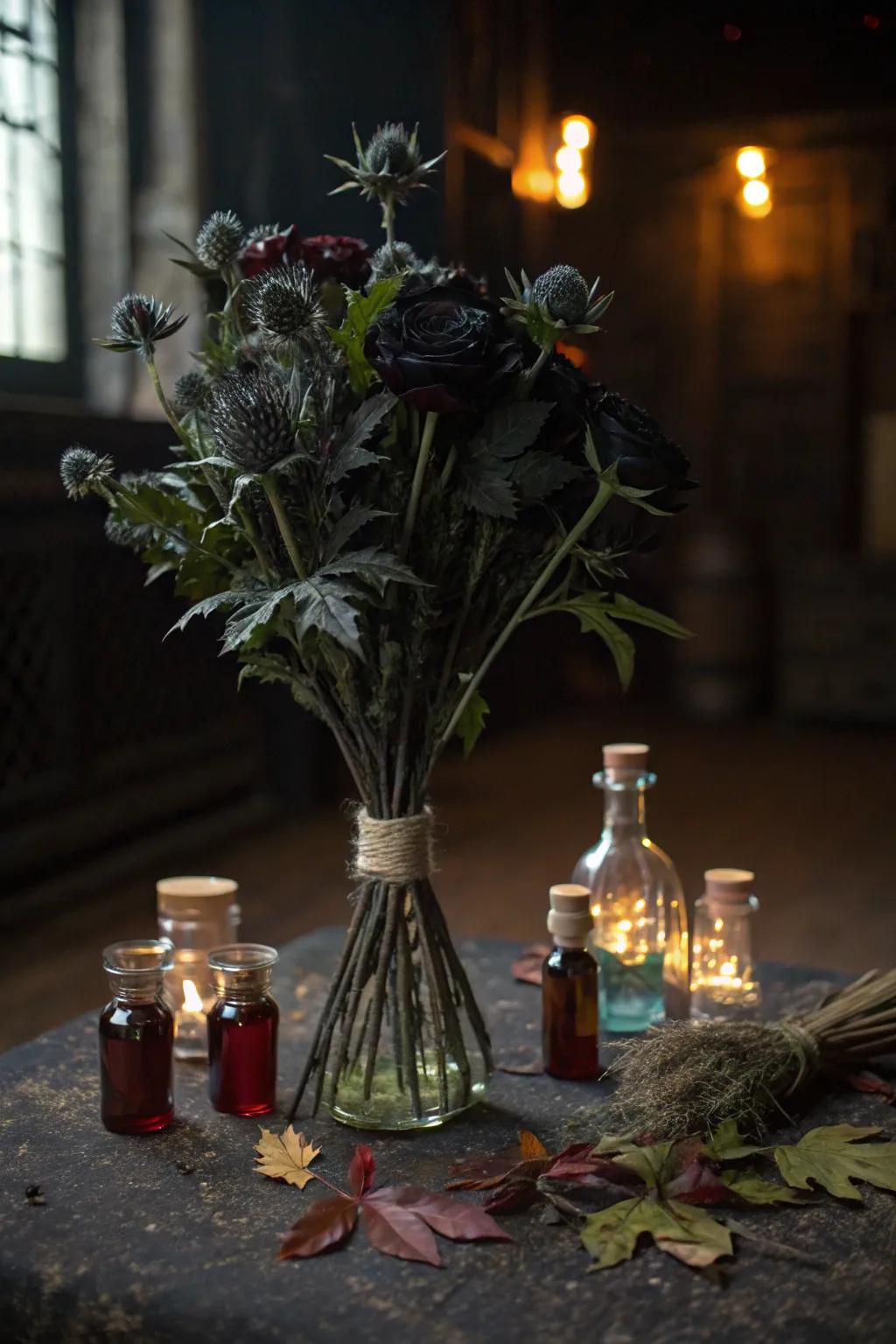 Venomous flora and vials establish a chilling centerpiece for Halloween.