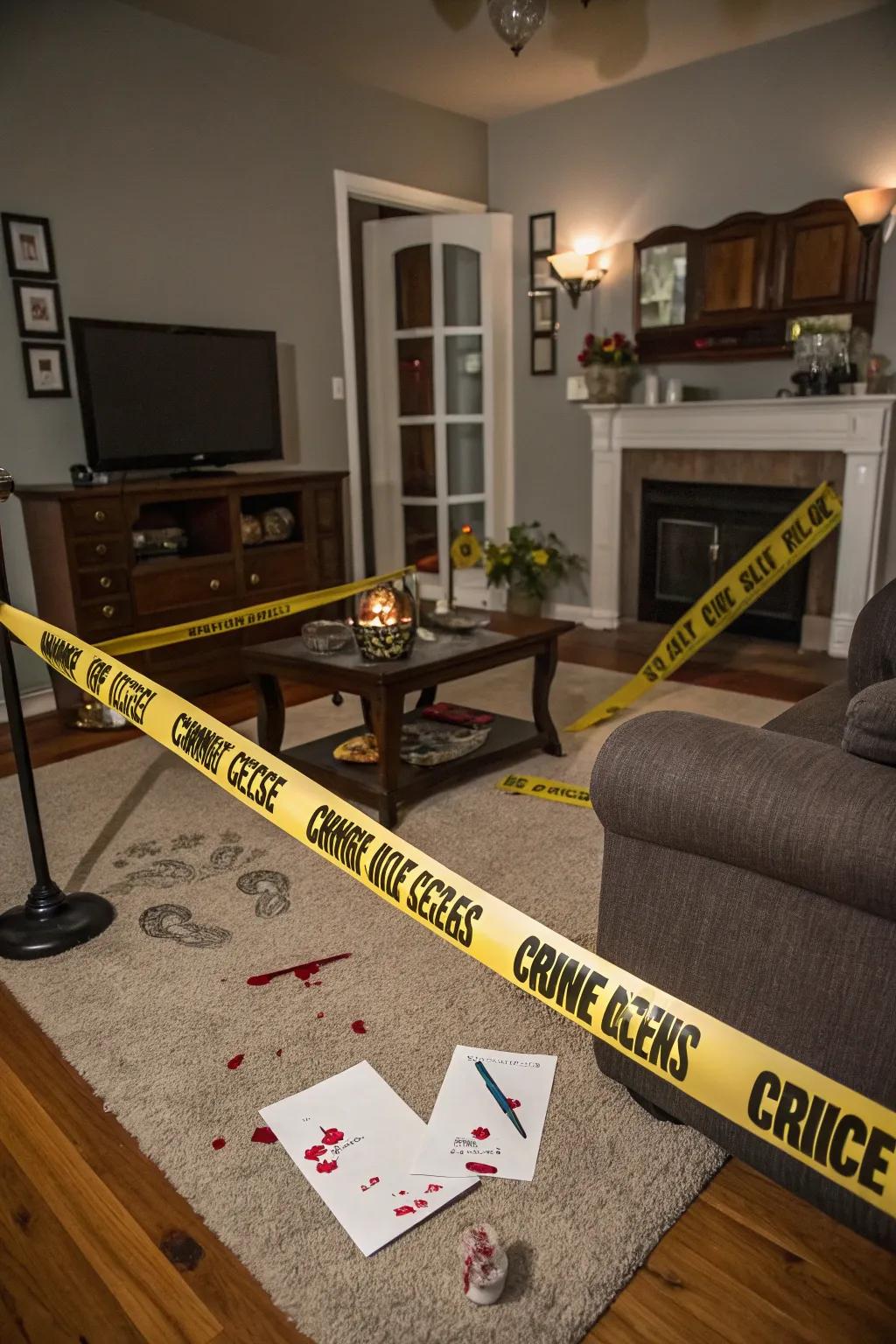 A living room converted into a spooky crime scene.