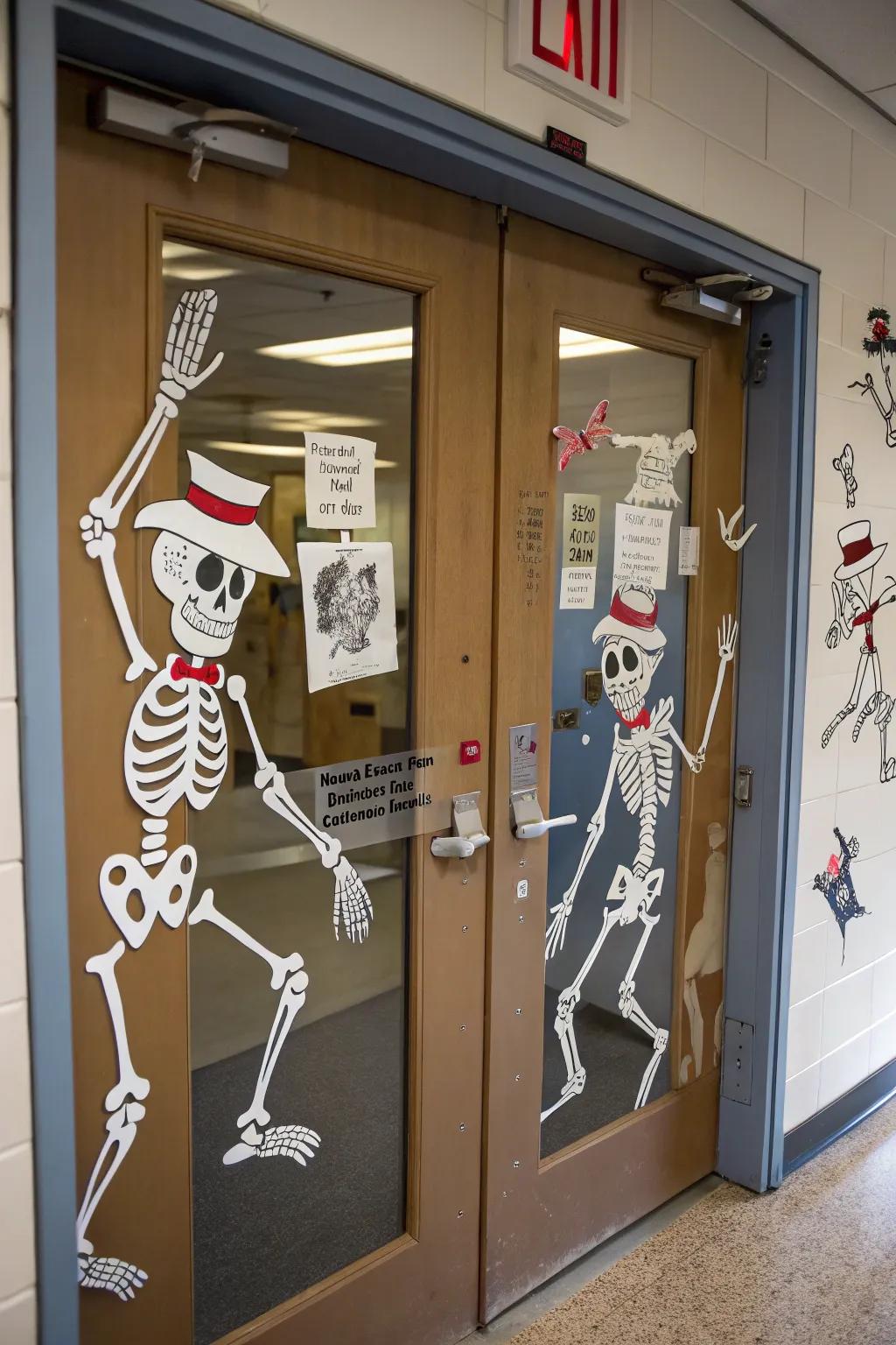 Dancing skeletons imparting a playful vibe to the educational institution.