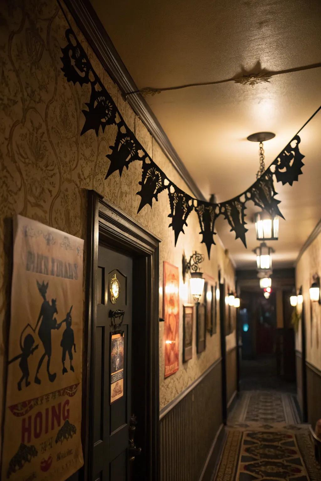 Macabre decorative ropes establish a spooky scene.