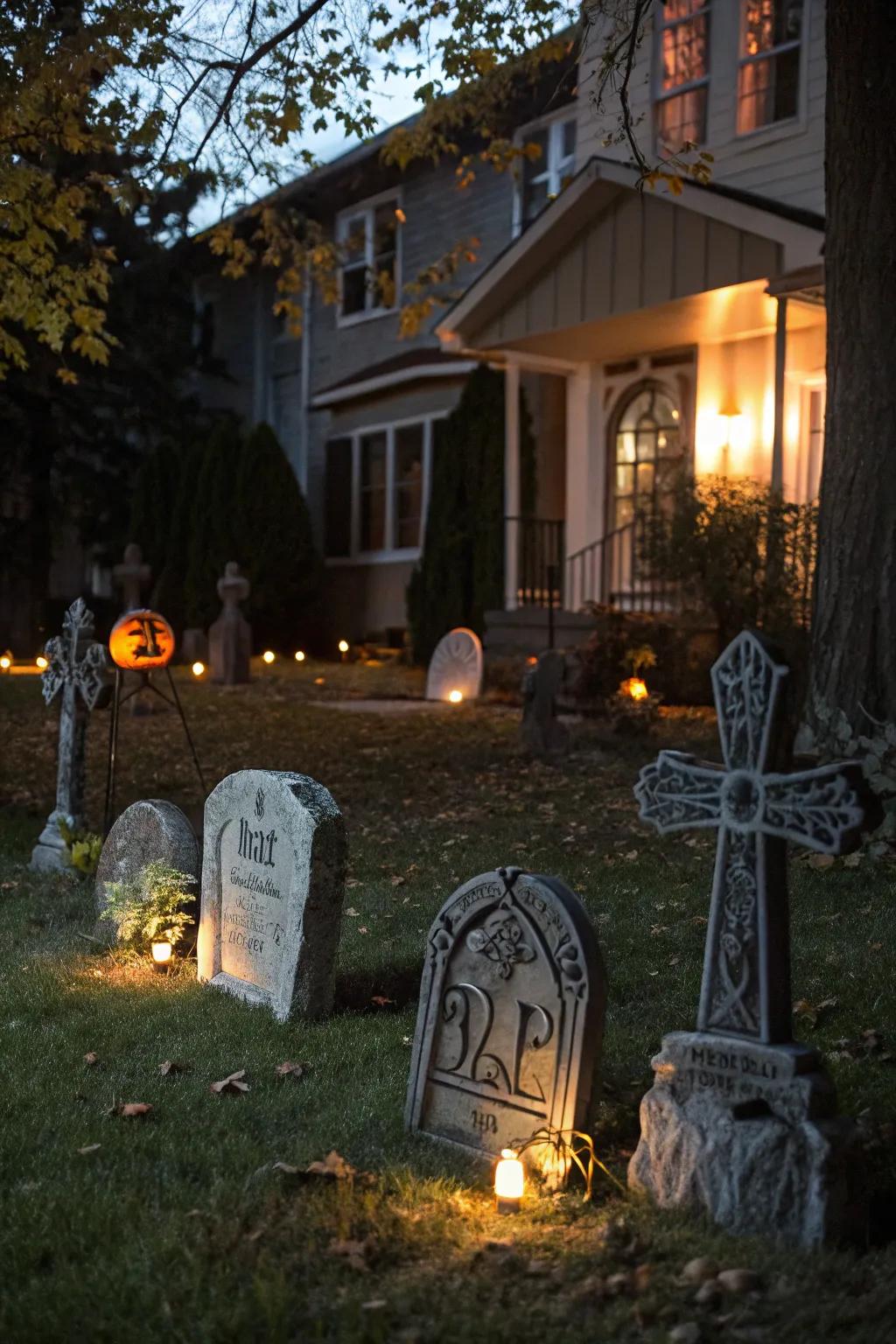 Sepulcher props and luminescence simulate a theatrical graveyard aesthetic
