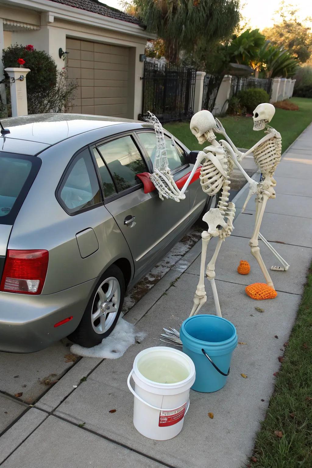 Car washing skeletons usher laughter and astonishment into your Halloween arrangement.