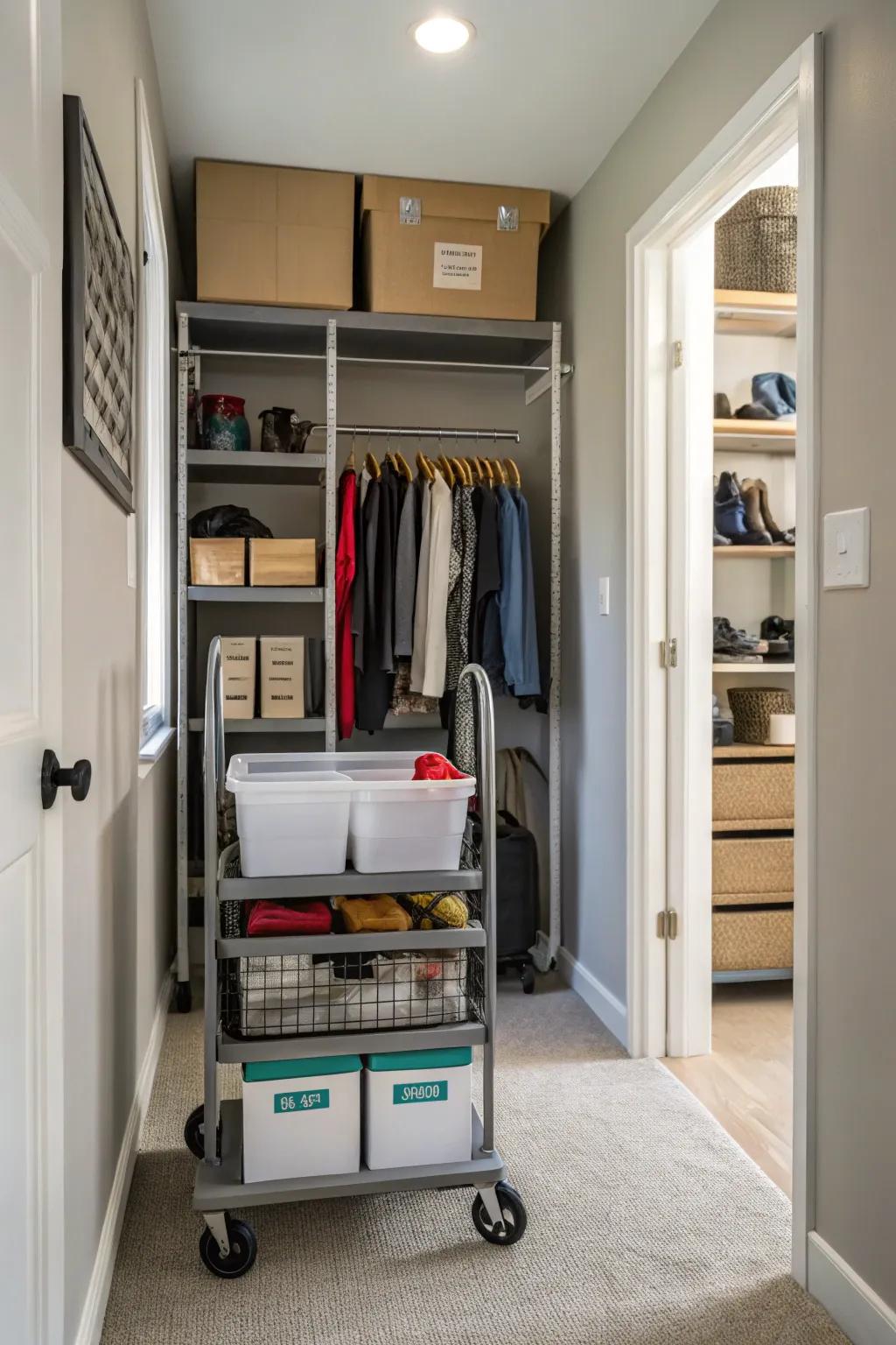 Rolling cart in a hallway closet, offering flexible and accessible storage.