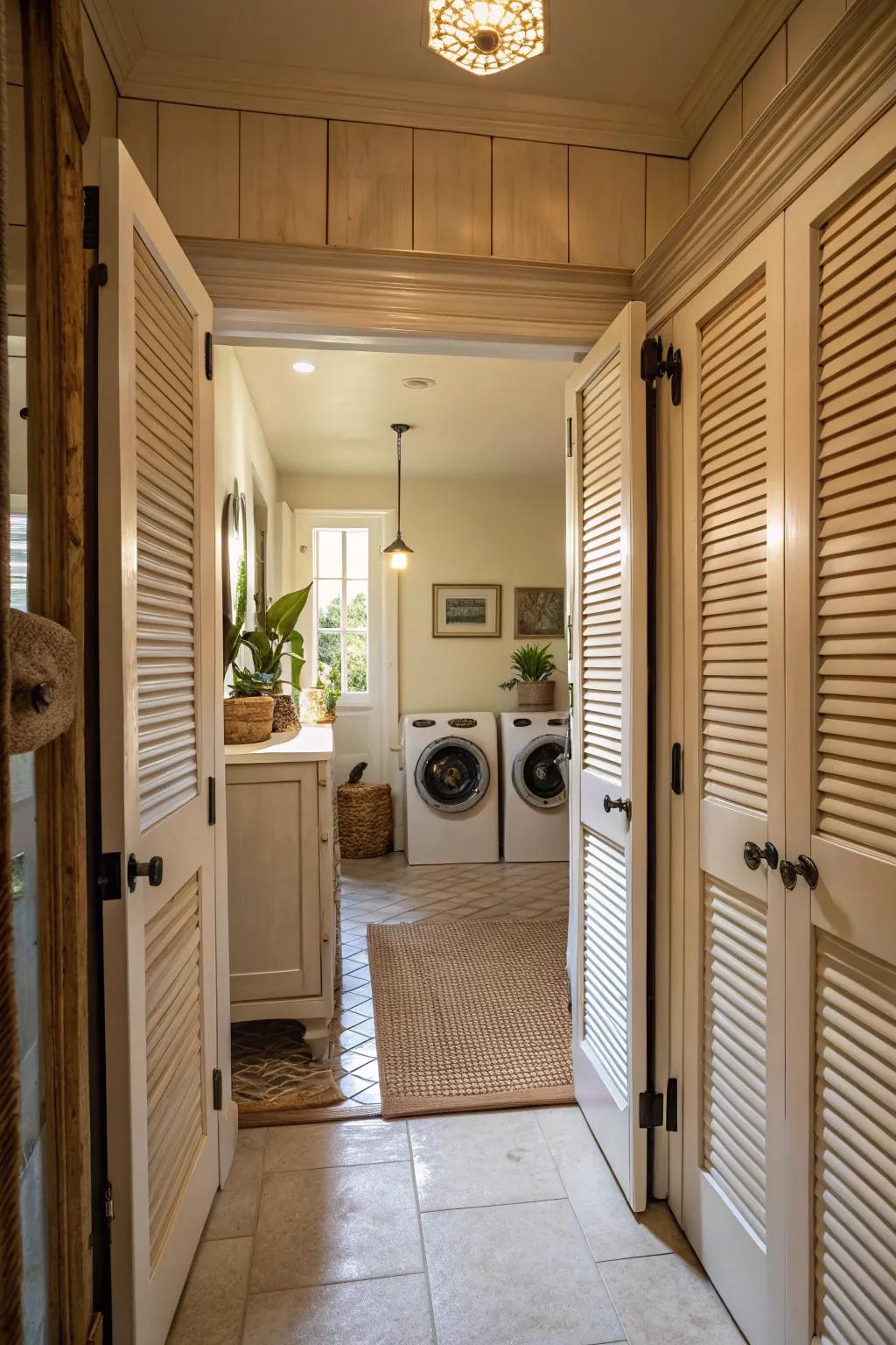 Slatted doors incorporate vintage charm and usefulness to a hallway laundry room.