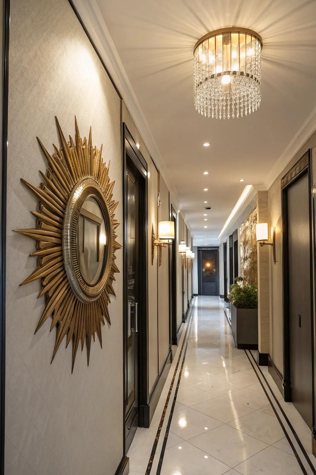 Sunburst mirrors create a striking, vibrant statement.