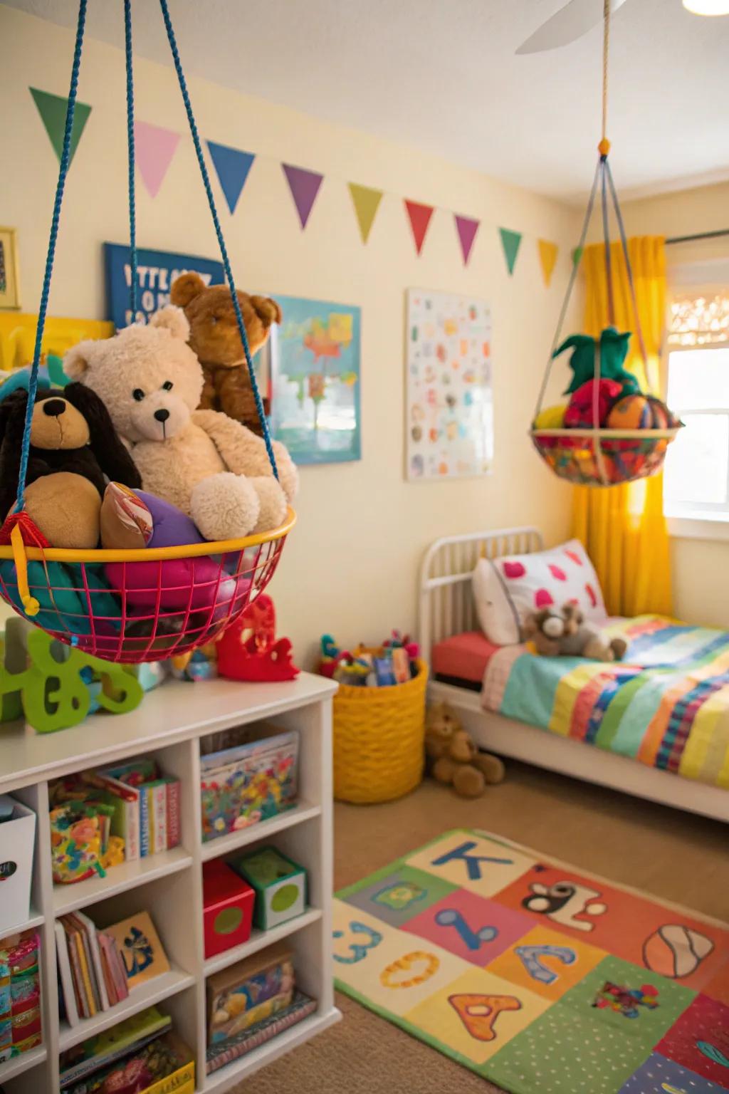 Tidy up play areas via elevated plaything organizers.