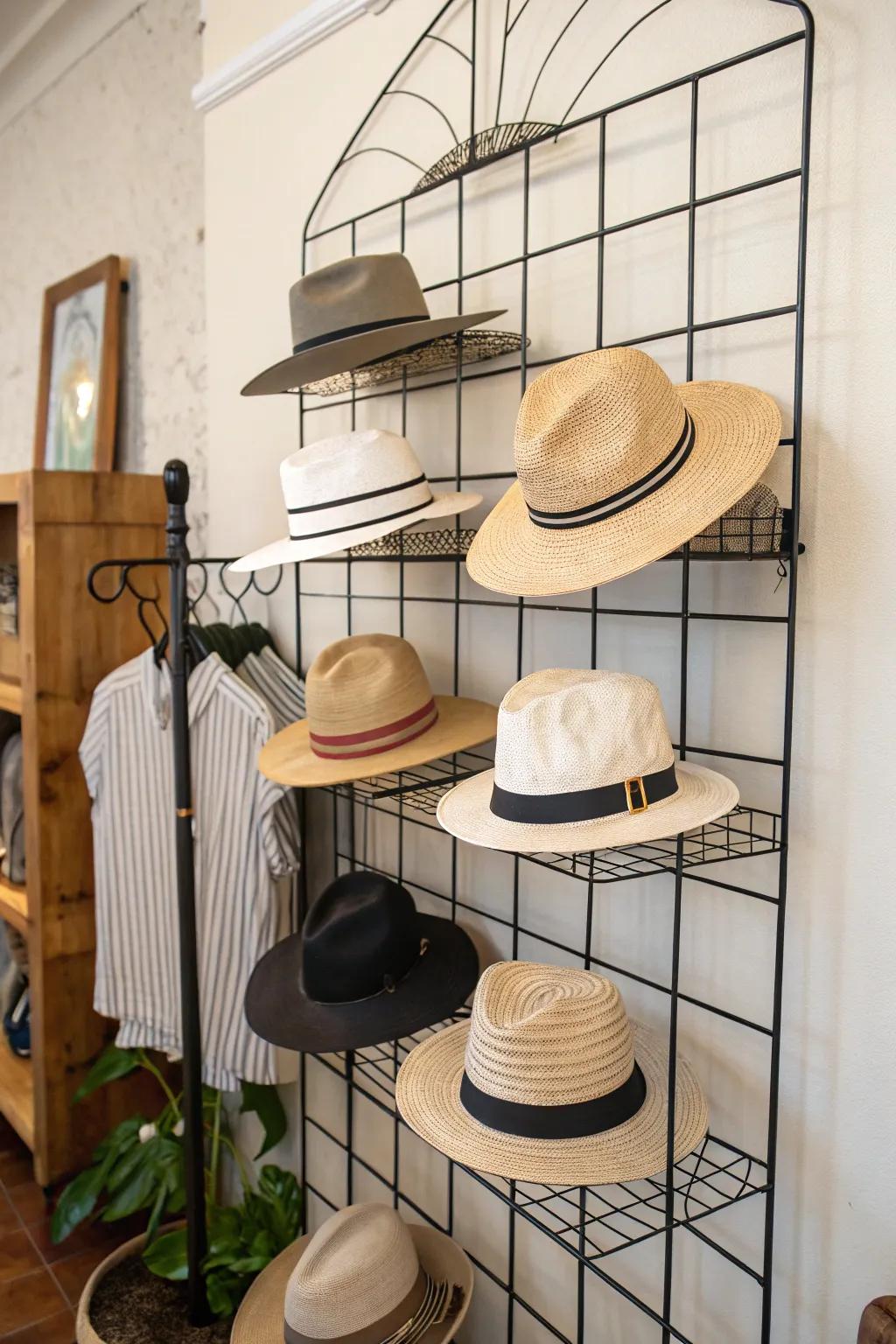 Thread frames provide a contemporary and airy display for hats.