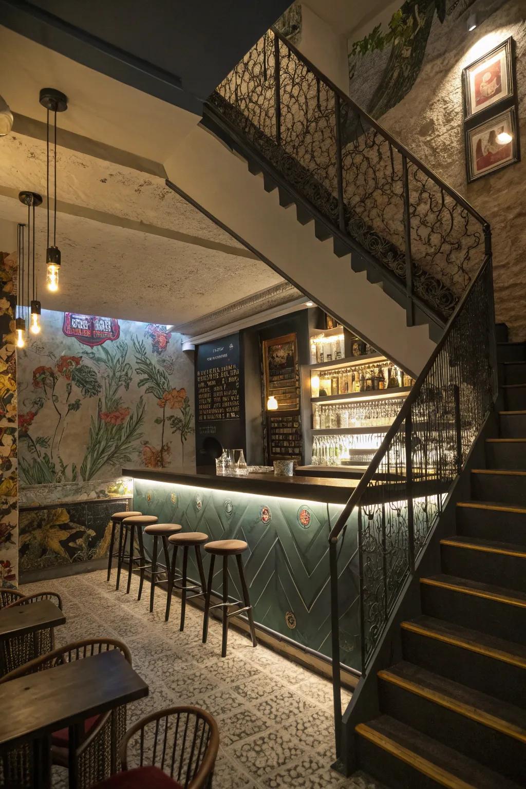 Artistic wall décor transforms the bar into an art piece.