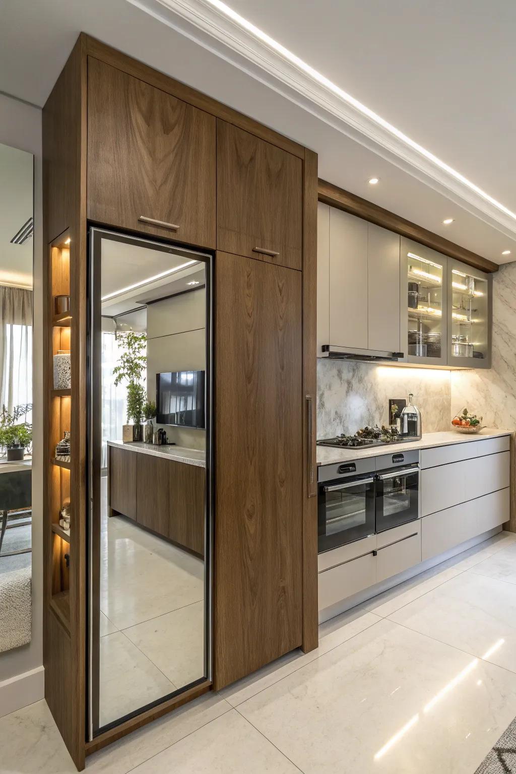 A cabinet with a hidden mirror door for discreet storage solutions.