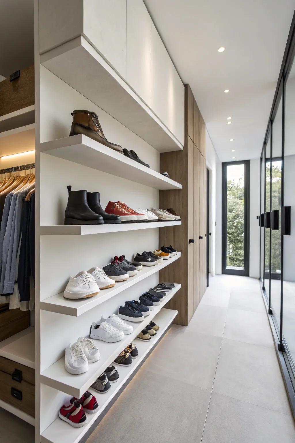 Floating shoe shelves provide a minimalist and ornamental storage option.
