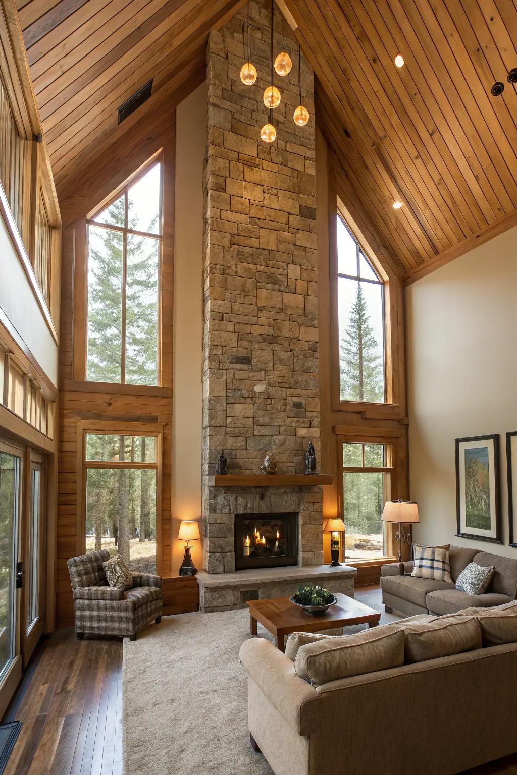 Vertical cladding accentuates height and warmth.