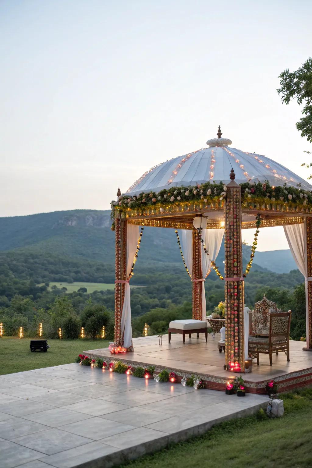 An unrestricted sky mandap harmoniously blending with nature.