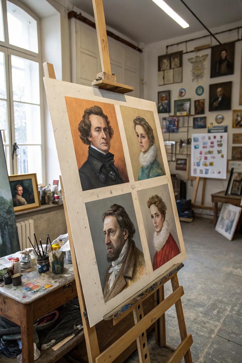 Artistic portraits that merge history with creativity in an artist's workshop.