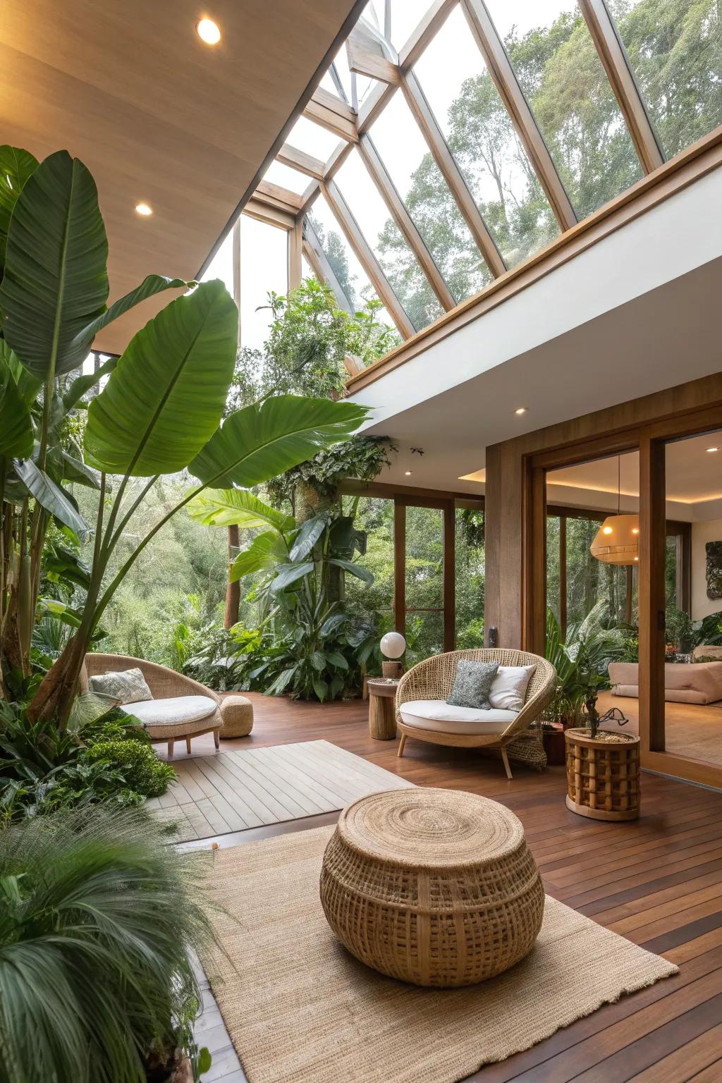 An eco-conscious atrium design featuring sustainable resources.