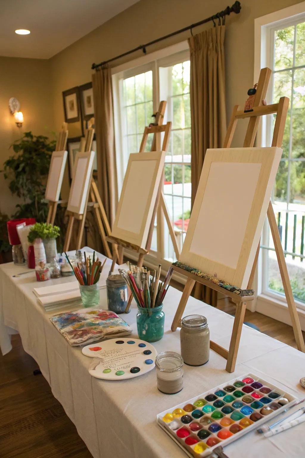 An inventive painting station for guests to express themselves artistically.