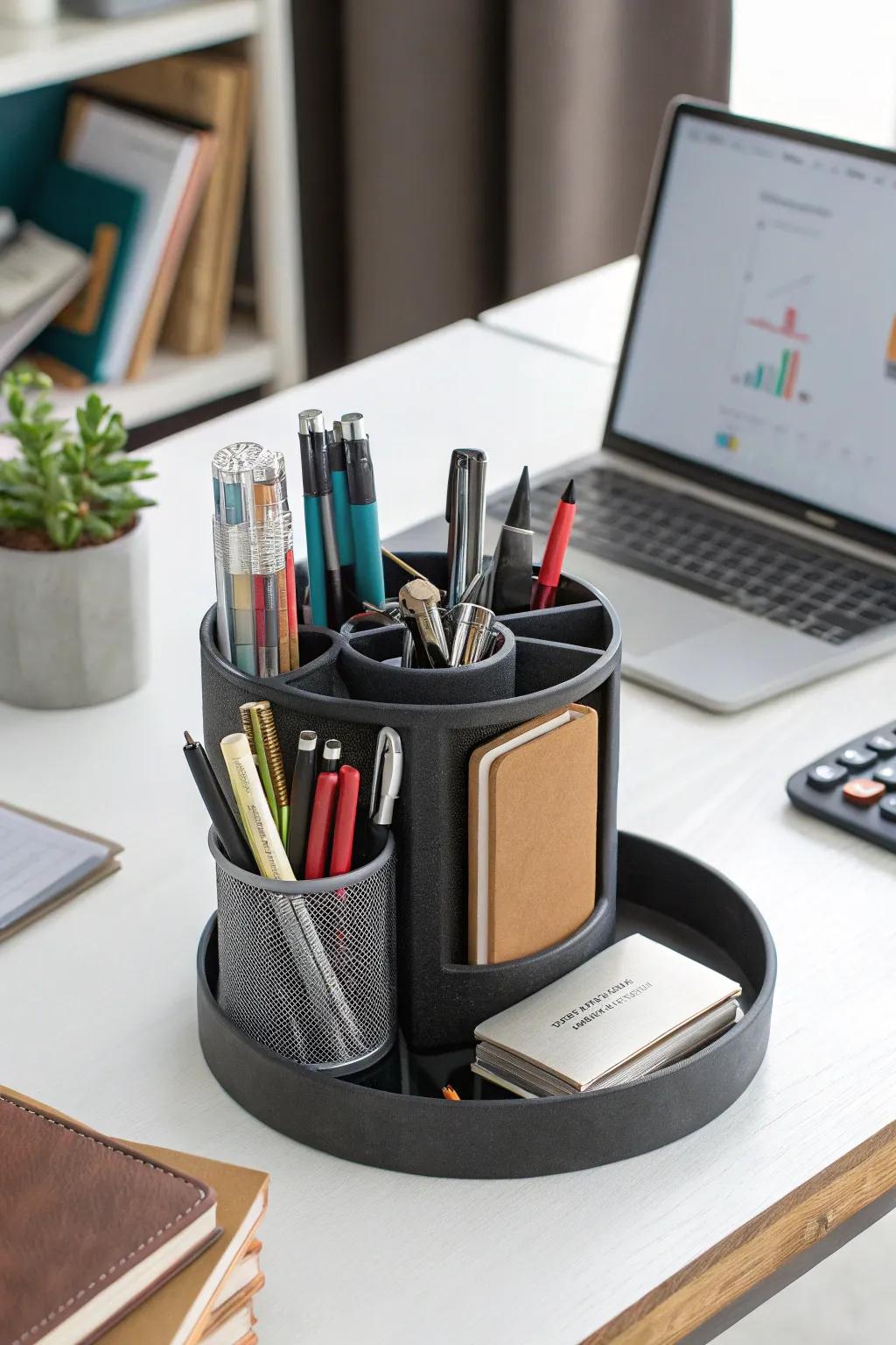 A rotating organizer keeps items accessible.