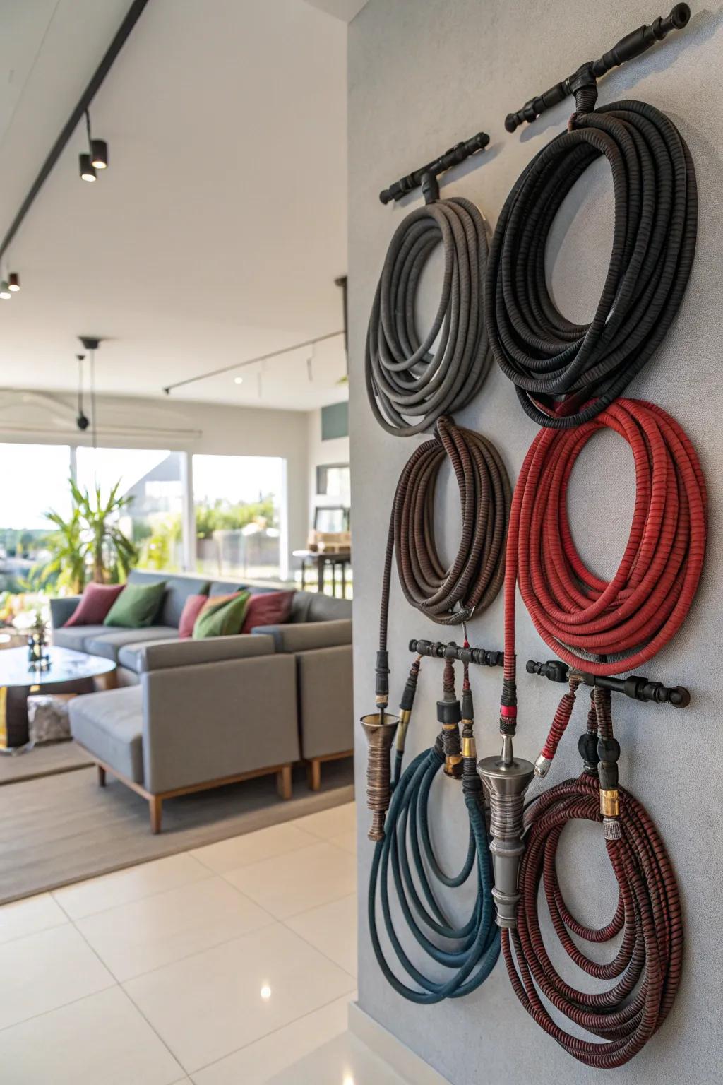 Wall hooks provide a tidy solution for managing shisha hoses.