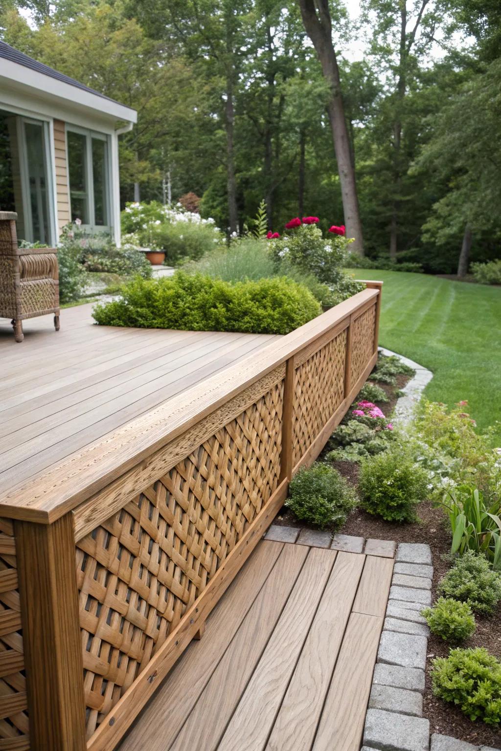 Woven patterns boost the artistic nature of deck skirting.