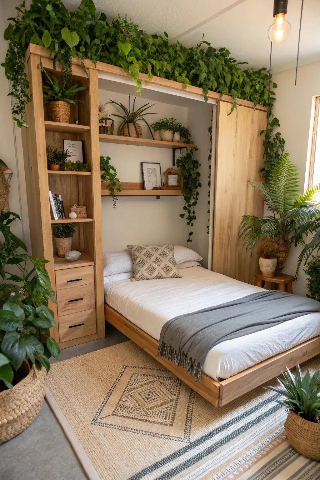 A nature setup featuring a hideaway bed introducing a revitalizing aspect of nature.