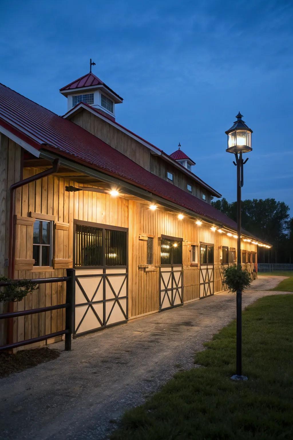 Sun-powered lights deliver environmentally conscious illumination for the stable’s exterior.