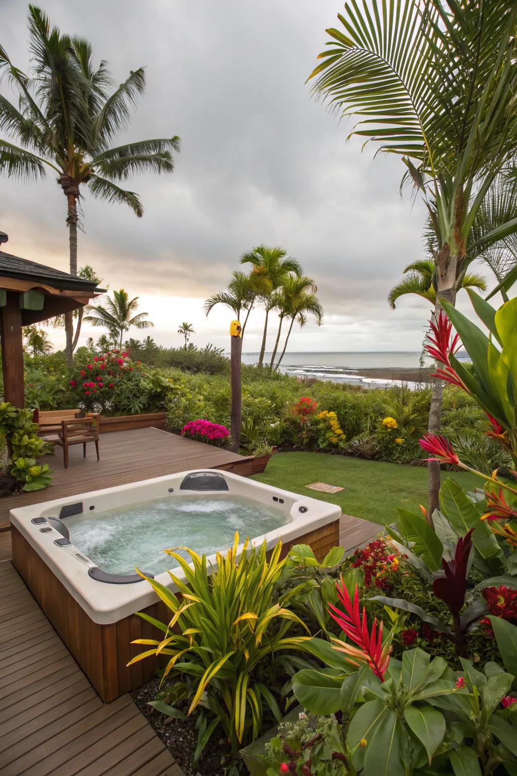 Escape to a tropical getaway with rich plants around your hot tub.