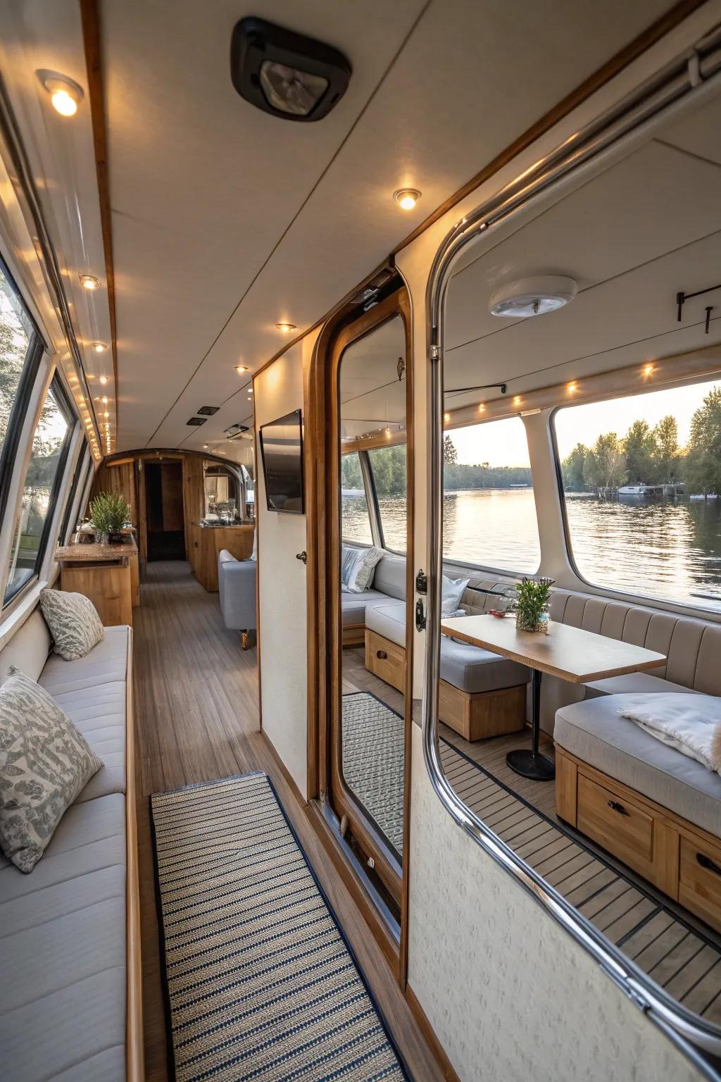 Mirrors enhance the feeling of space and light in this houseboat.