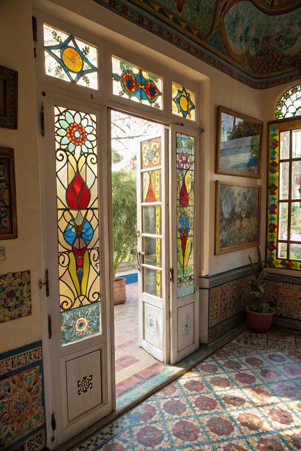 Stained glass panels infuse an artistic and vibrant dimension into French doors.