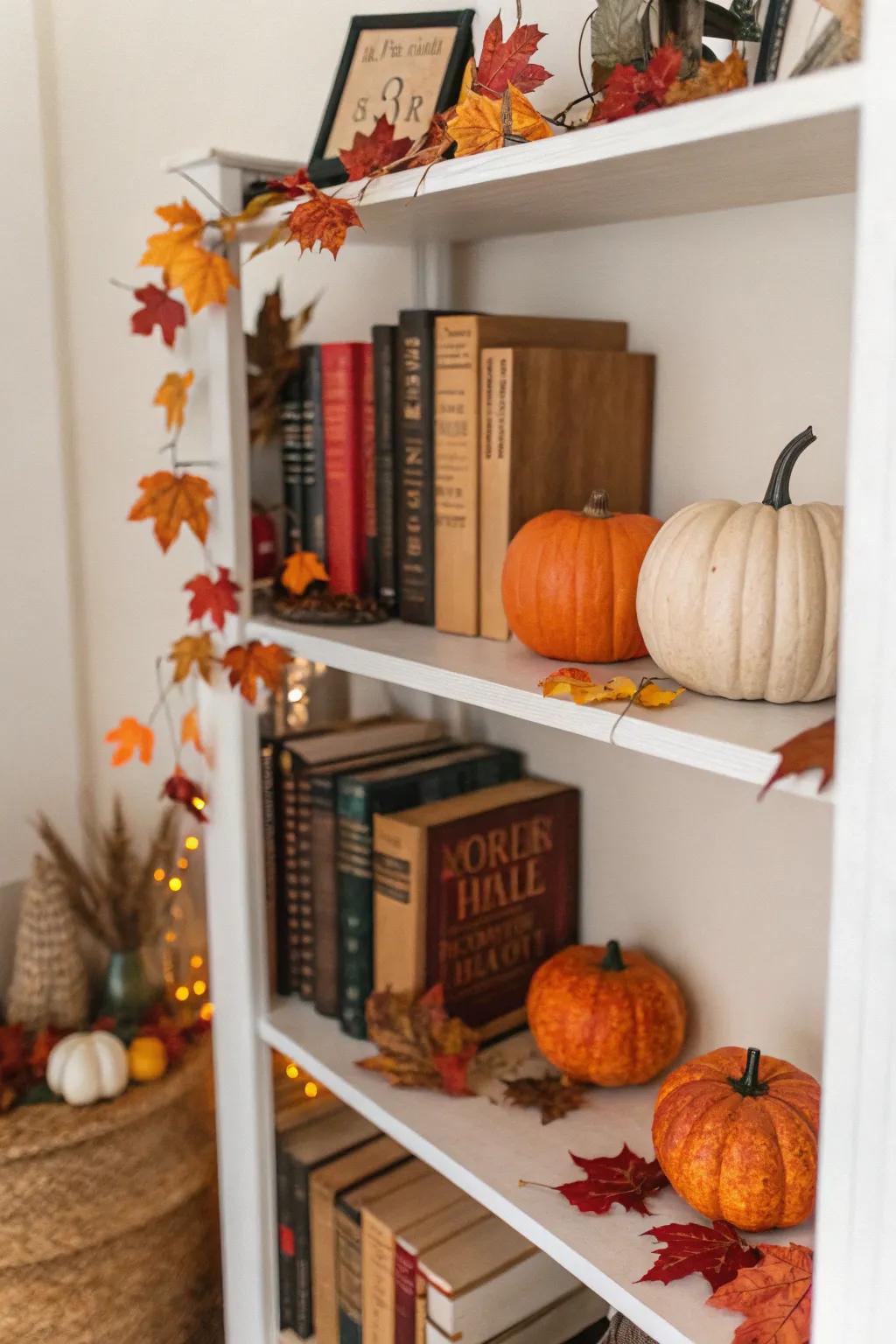 Bookshelf with seasonal adornments for autumn.