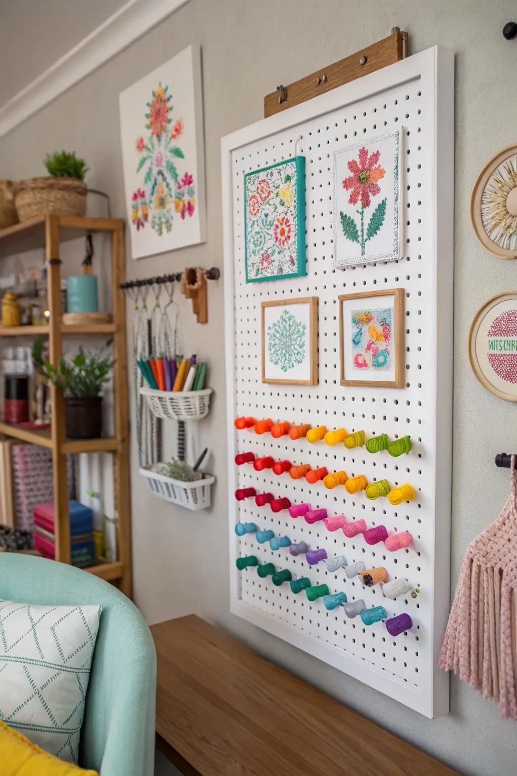 Perforated board displays make cross stitch pieces fun and flexible