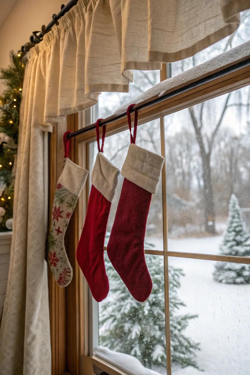 Curtain rods can hold stockings elegantly.