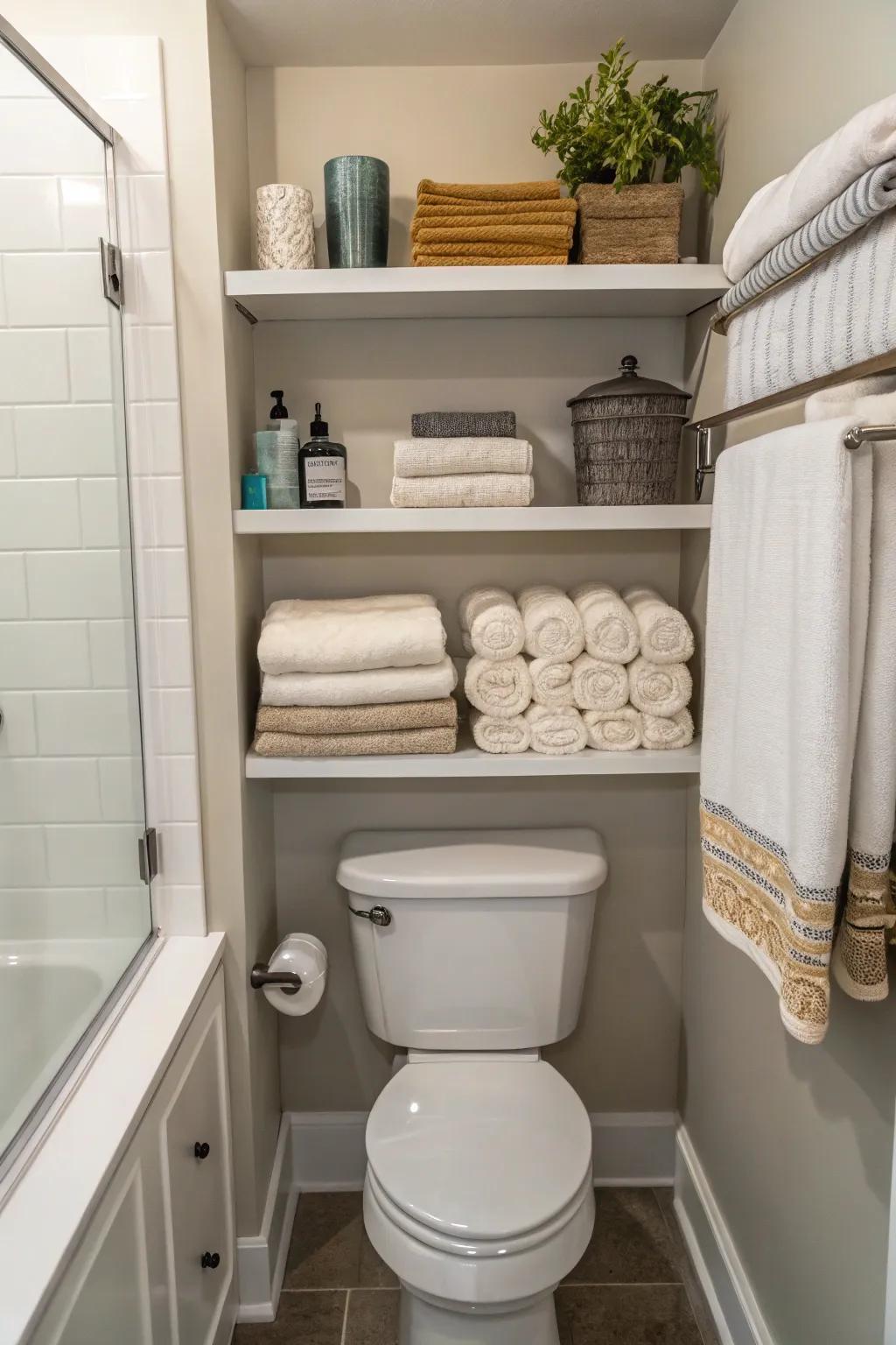 Shelving above the toilet effectively utilizes vertical space for textiles.