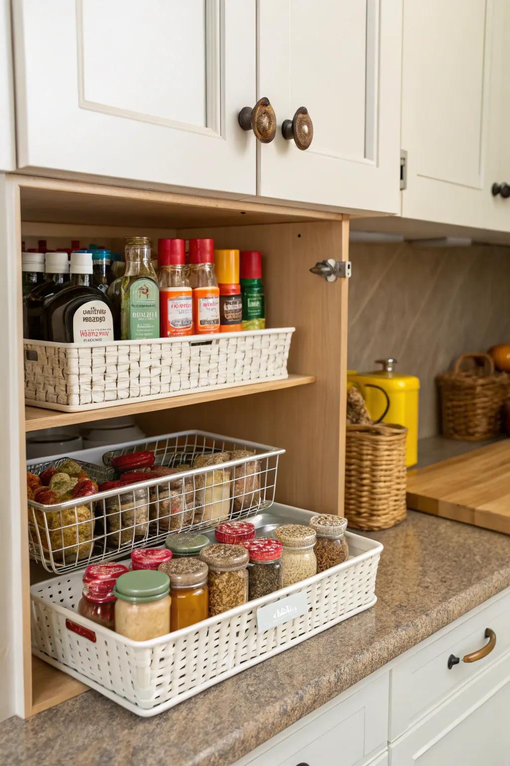 Under-shelf baskets add extra storage layers.