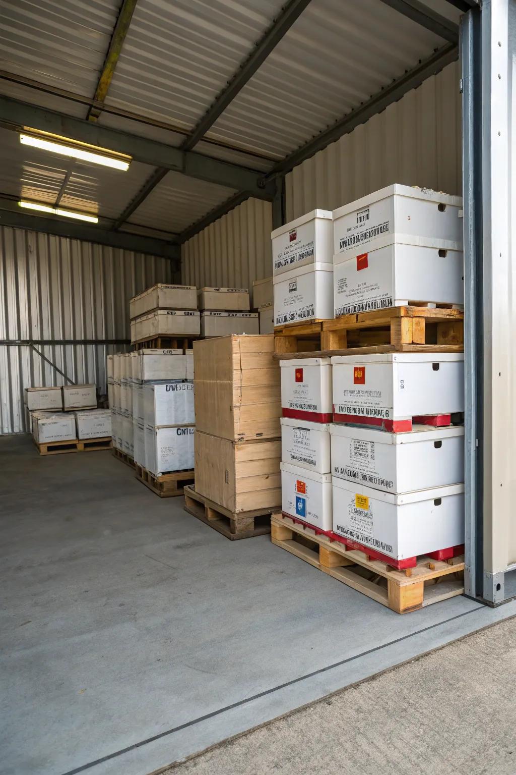 Pallets lift items for better airflow and protection.