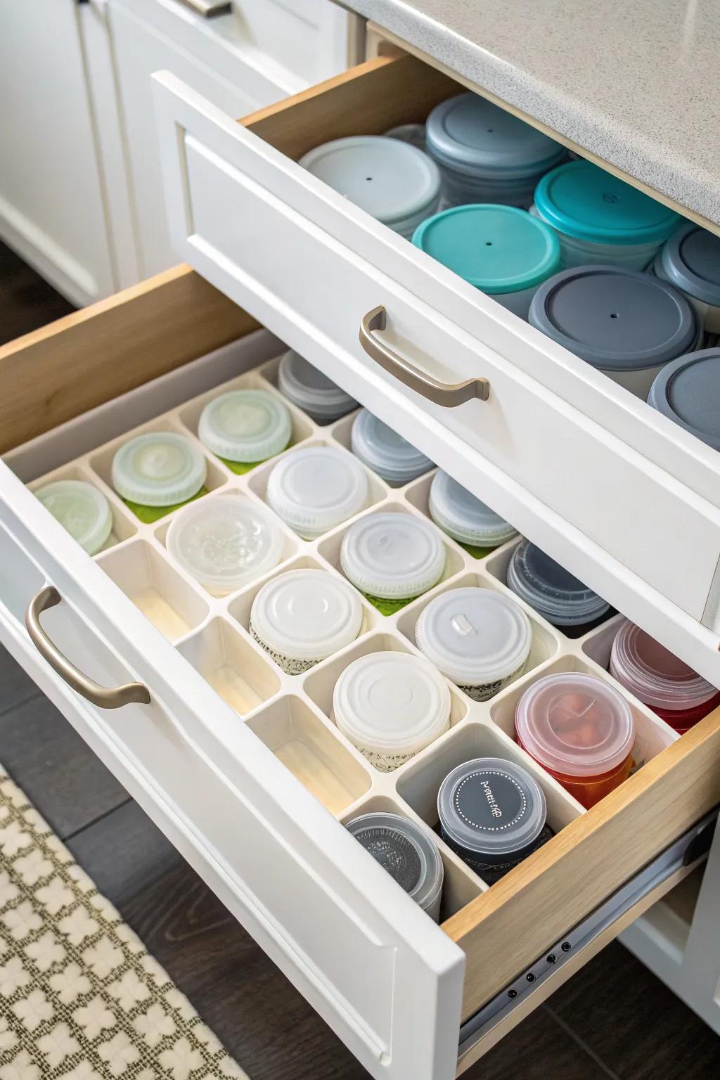 Drawer featuring dividers that keep plastic containers and lids organized.