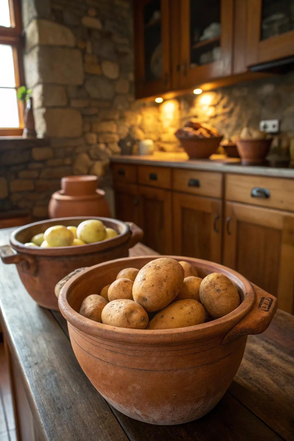 Charming rustic feel is presented by earthen pots created for potato stowage.
