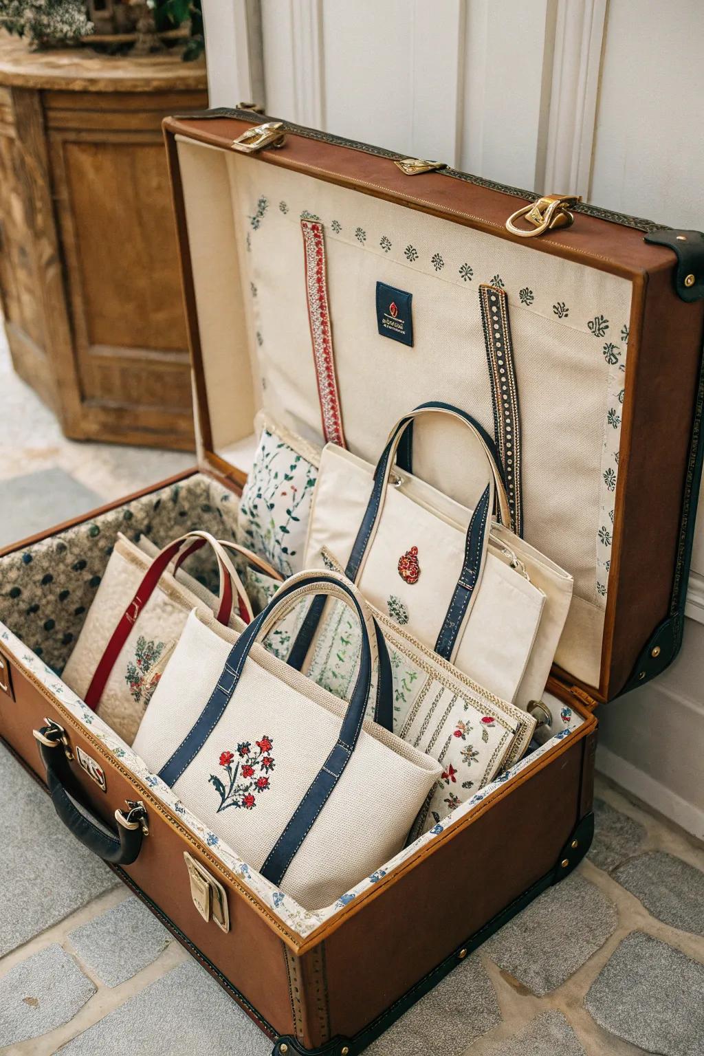 Totes are hidden and stored in a sentimental way in antique travel cases.