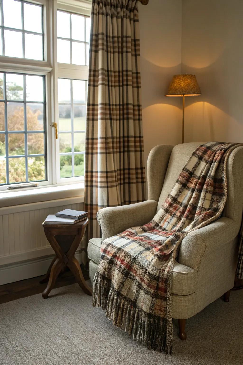 Tartan and checkered fabrics impart a timeless cabin-style charm.