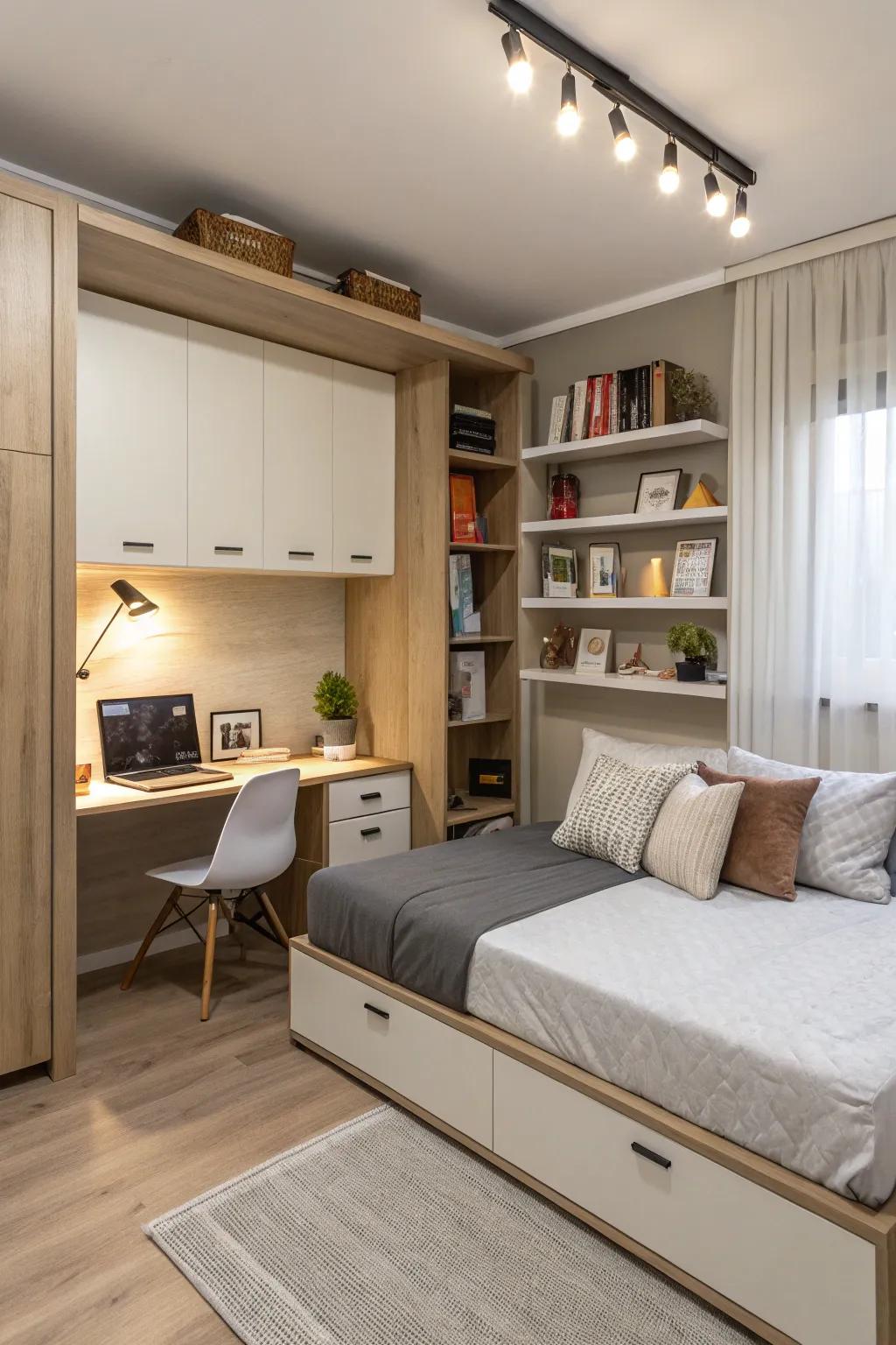 Multi-functional furniture maximizing style and area.