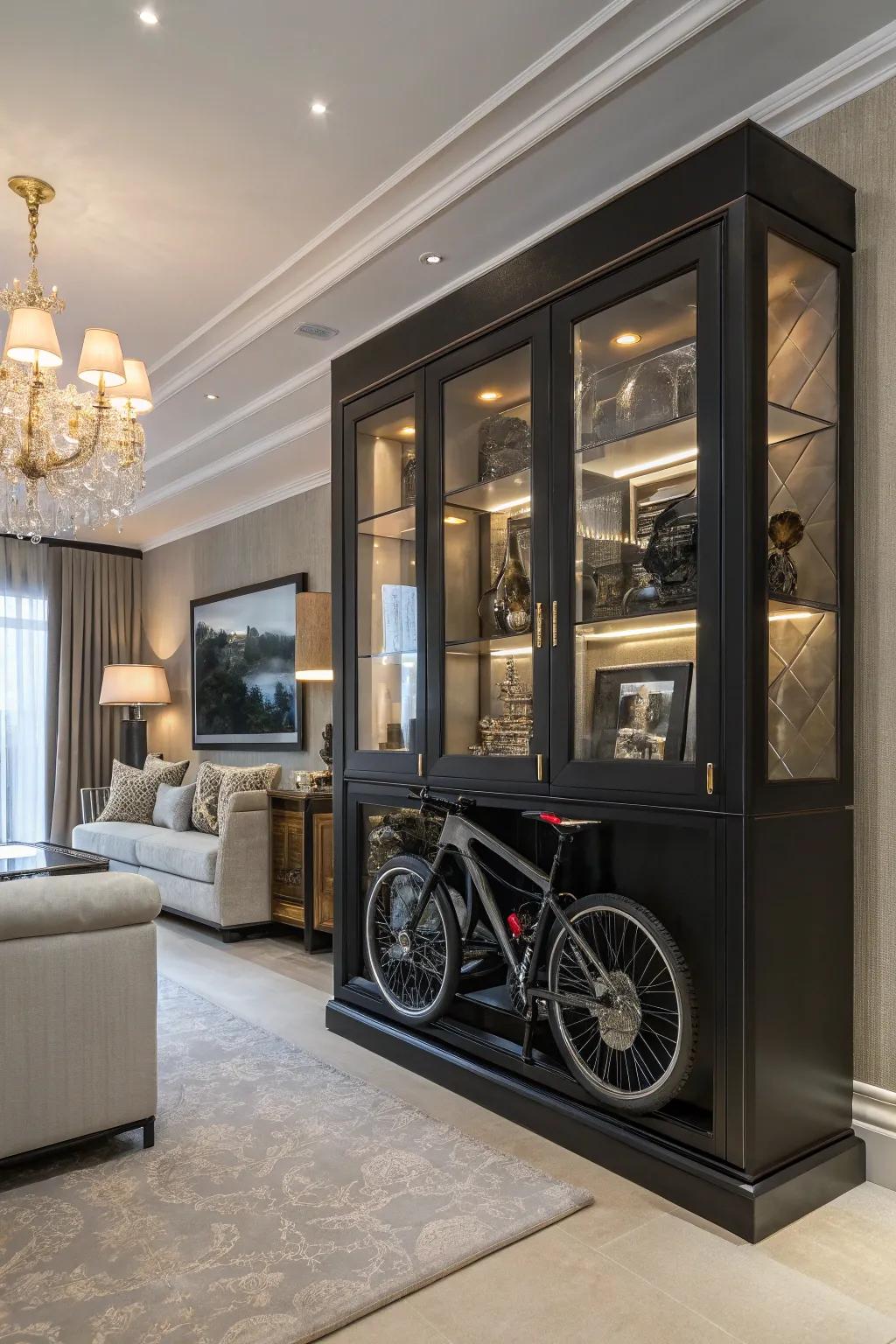 A custom bicycle cabinet provides a luxurious storage option.