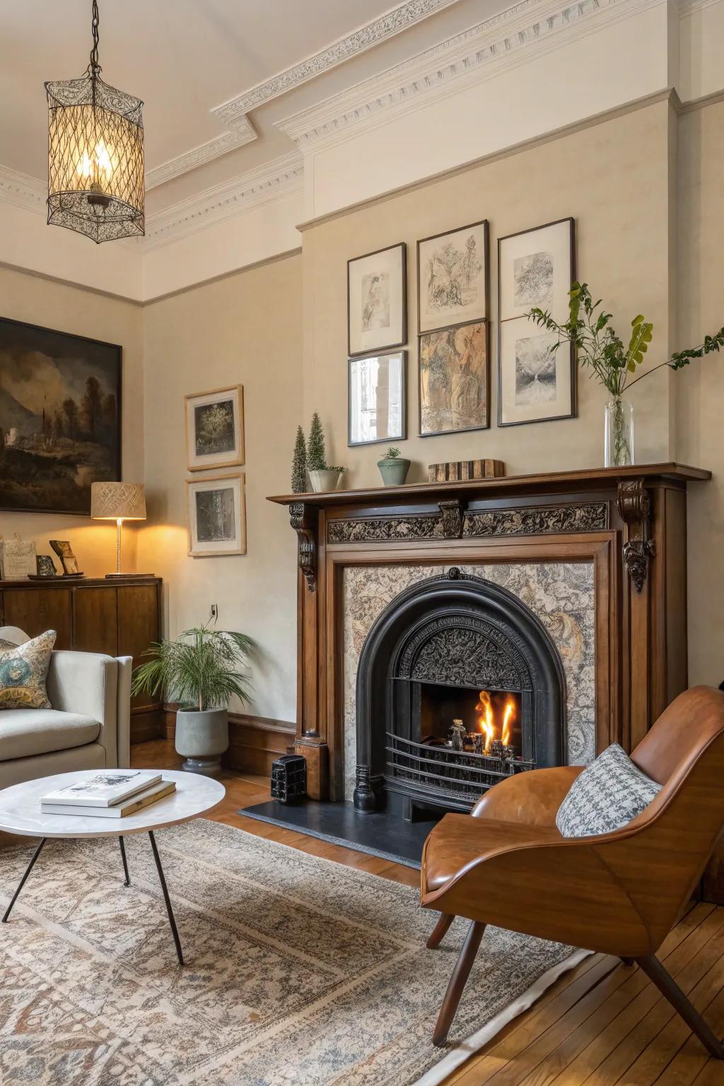 A living space displaying a vintage fireplace border combined with modern decor.