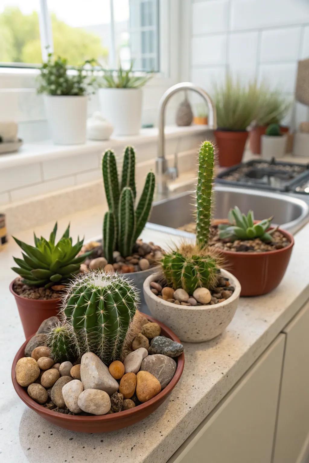 Cacti and stones present a desert-inspired aesthetic indoors.