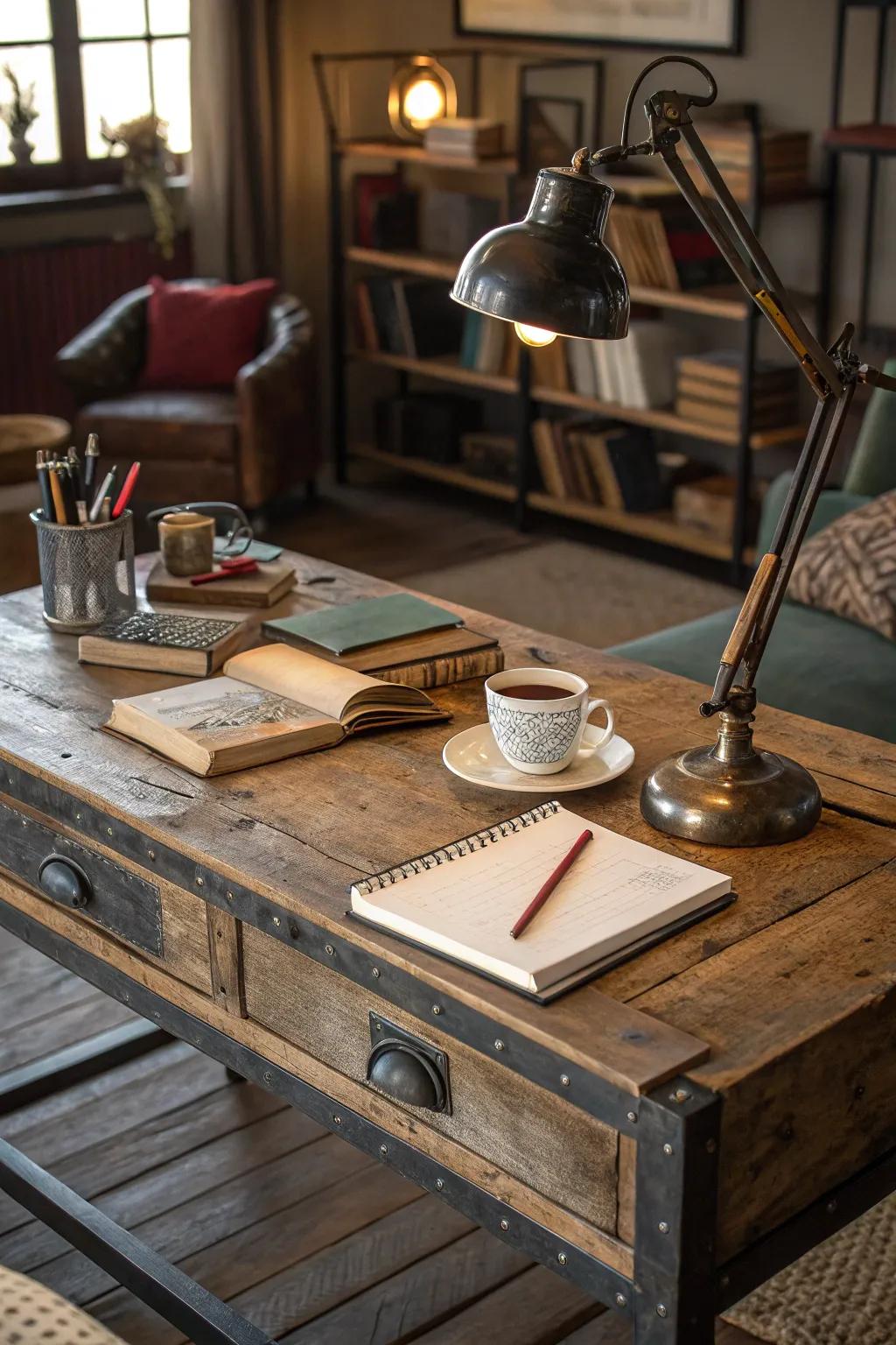 Rustic appeal encounters industrial style with distressed timber and metal.
