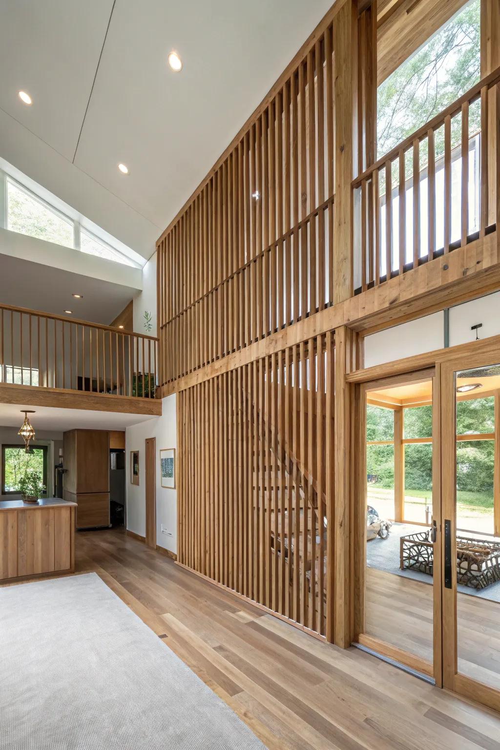 Enhance privacy and design with wood slat partition walls in your house.