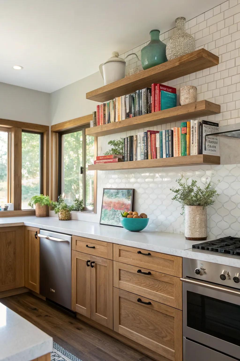 Floating shelves give storage solutions.