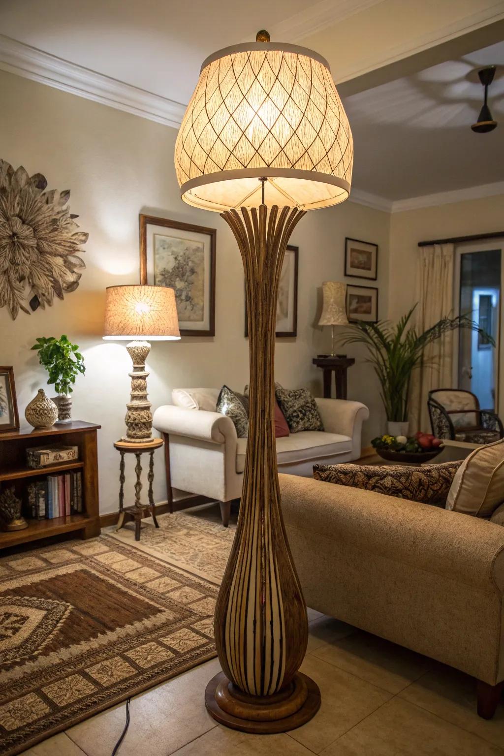 An oversized standing lamp making a statement inside a dwelling.