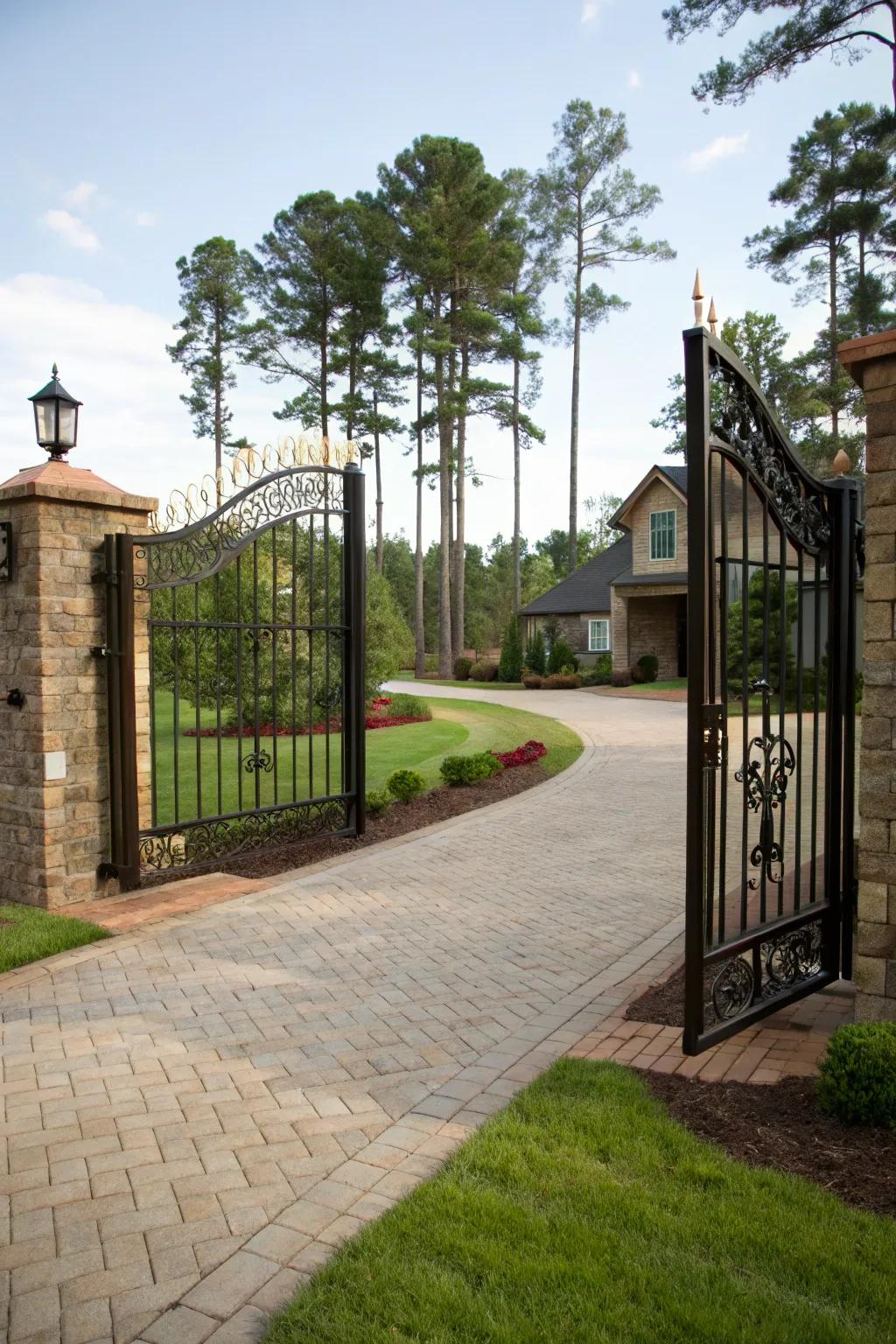 A grand split-design iron entryway making a statement at the opening.