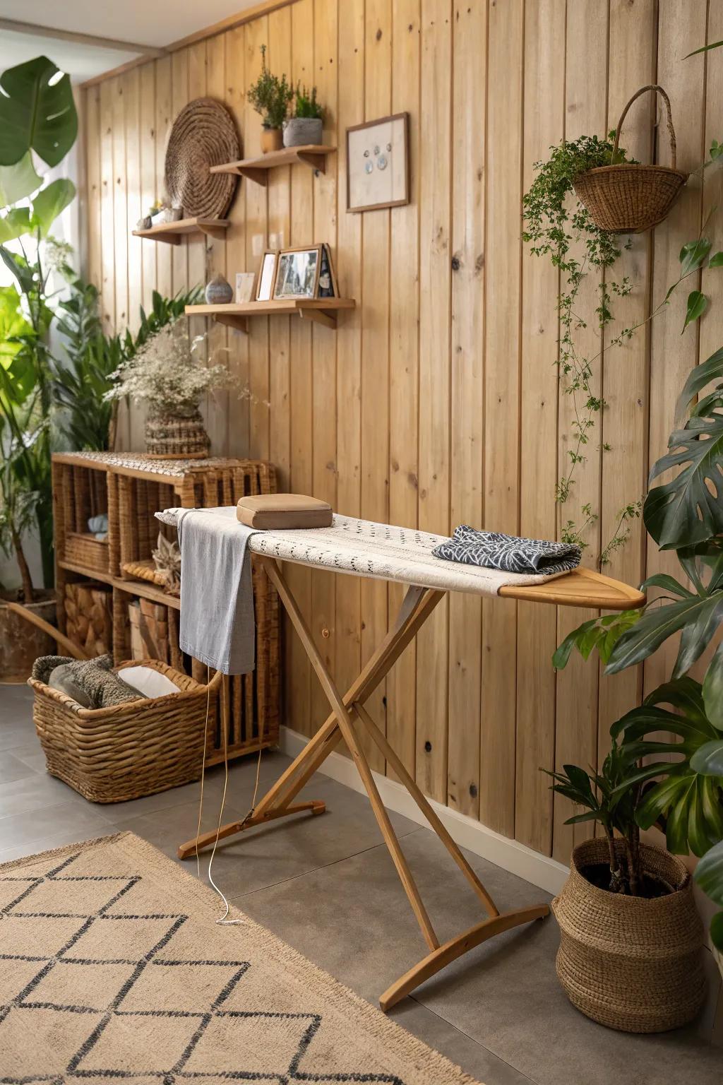 A wooden ironing surface adding natural charm to a living space.